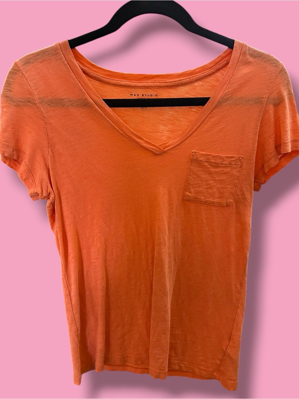 Max Studio Orange V-Neck Pocket Tee with Subtle Stripe Detail